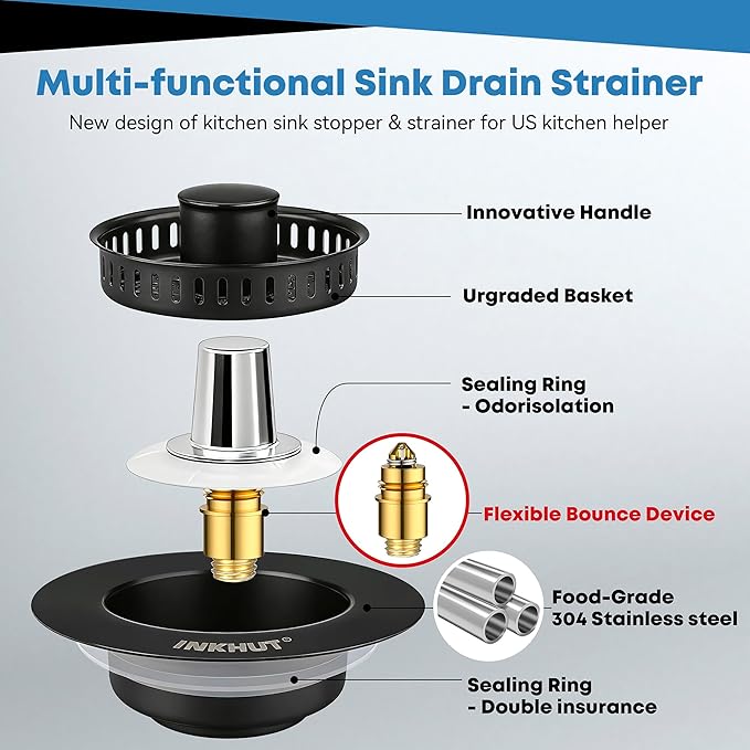 Upgraded 3 in 1 Kitchen Sink Drain Strainer - Stainless Steel Sink Stopper, Anti-Clogging Food Catcher Basket, Sink Bounce Core Drain Strainer Plug for US Standard 3 1/2 inch Drain (Black)