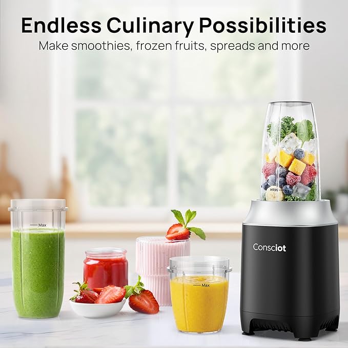 Smoothies Blender, Consciot Blender for Kitchen and Personal Size for Making Shakes and Smoothies, Frozen Drinks, Sauces & More, 3 Portable BPA Free Cups & 3 Lids for Home & On-the-Go, 900 Peak Watt