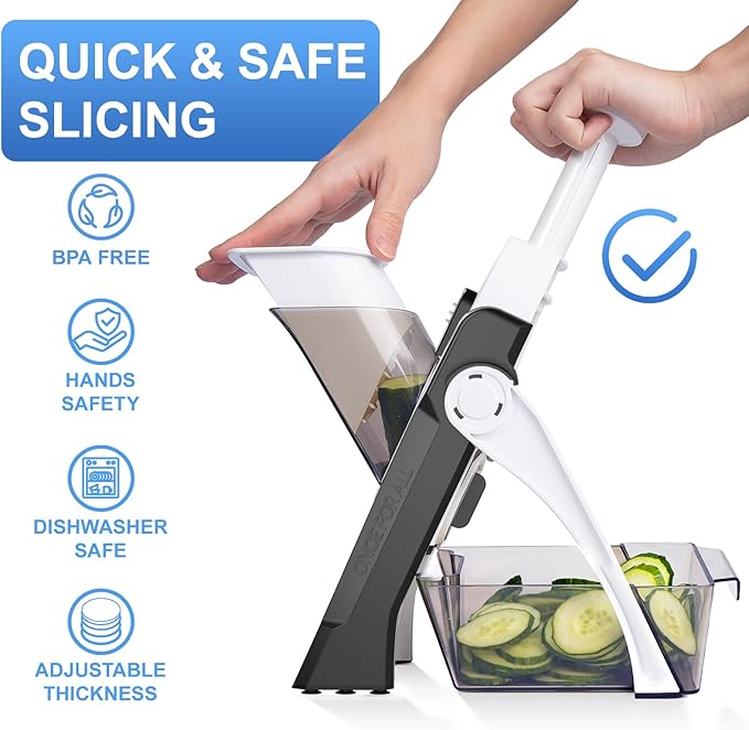 QYKIC Safe Mandoline Slicer, Potato Clips Vegetable Food Cutter, Thickness Adjustable for Cucumber Onion Lemon with Vegetable Peeler (Only Slicer) Grey