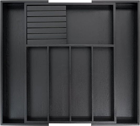 VaeFae Bamboo Silverware Drawer Organizer Kitchen, Expandable Utensil Organizer with Knife Block, Cutlery Tray with Divider, Multifunctional Drawer Organizer (Black)