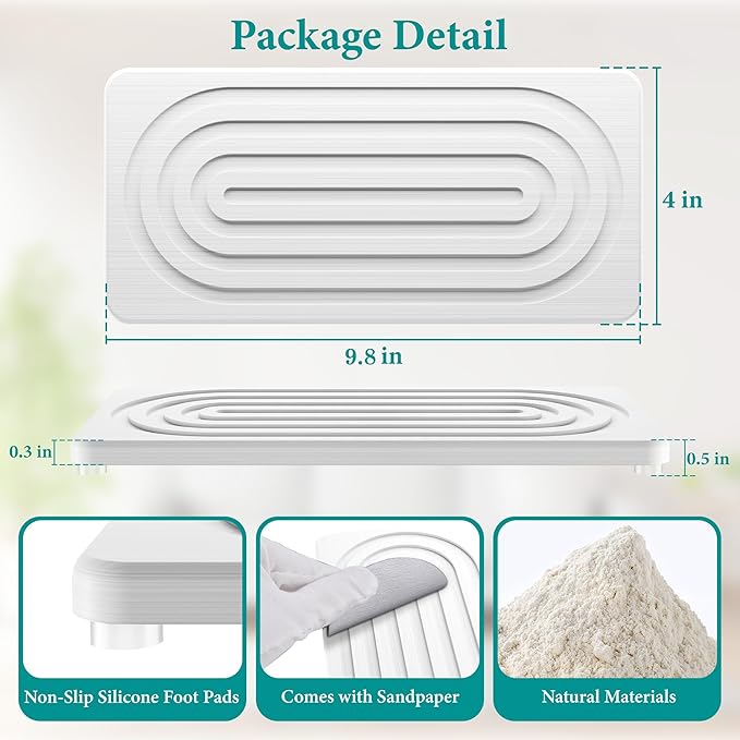 Water Absorbing Stone Tray, Quick Drying Diatomite Bathroom Tray Countertop, Stone Drying Mat for Kitchen Counter, Soap Dish Dispenser Vanity Organizer, White-A-9.8" x 4"