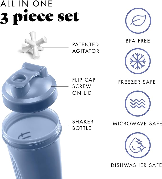 Fit & Fresh Shaker Bottle, Leak Proof Sports Blender Bottle Easy to Clean, Durable Protein Shaker Cup 24 oz.with Unique Agitator for Smooth Mixing, Cornflower Blue