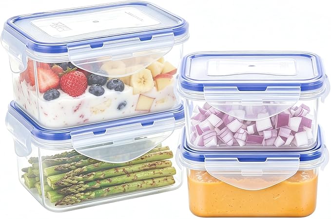 KIGI Small Food Storage Containers with Airtight Lids, Leakproof for Snack, Fruit, Lunch, Meal Prep, Portion Control, BPA-Free Plastic, 4-Sided Locking Lids (2.1 Cup *2 + 0.75 Cup *2 8-Piece Set)