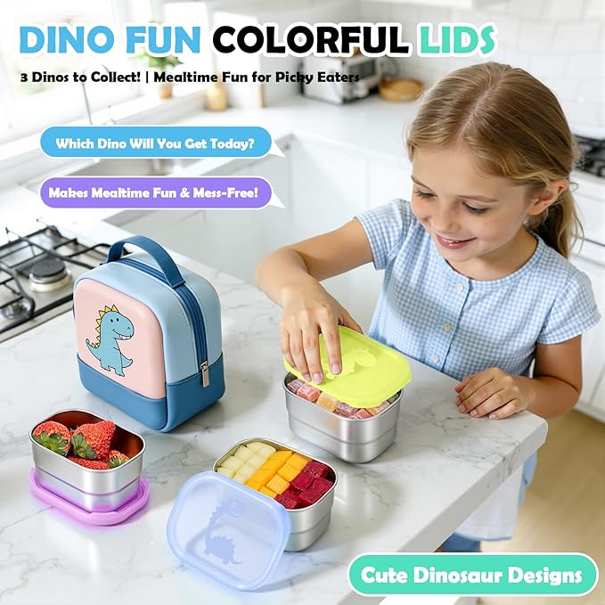 Tanjiae 3×8oz Small Stainless Steel Snack Containers - 230mL Leakproof Food Containers with Cute Dino Lids | LFGB Certified, Stackable Metal Snack Box for Home, Office, Travel