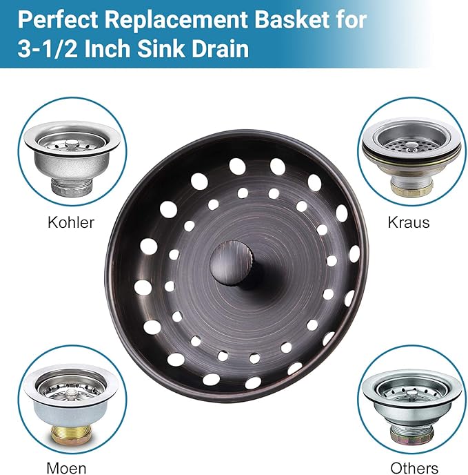 KONE Kitchen Sink Stopper and Strainer 2 Pack Oil Rubbed Bronze Sink Basket Strainer Replacement for Standard 3-1/2 inch Drain, Stainless Steel ORB Body Metal Center Knob with Rubber Drain Stopper