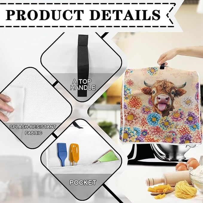 Flower Cow Kitchen Stand Mixer Cover Washable Dust Cover for 4.5-5 Quart Kitchen Mixers with Handle and Pockets Small Appliance Protector for Home Decor