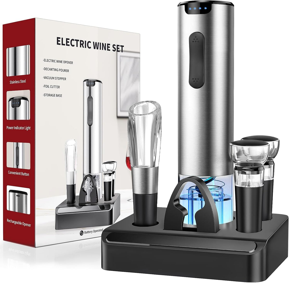 Electric Wine Opener, Automatic Wine Opener with Foil Cutter, Vacuum Stopper, Pourer, Rechargeable Wine Bottle Opener - Party Favor, Christmas Gift for Wine Lover