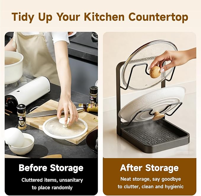 Kitchen Pot Lid Storage Rack, 2-Tier Lids Holder with Detachable Drip Tray While Cooking, Multifunctional Countertop Organizer for Cutting Boards, Ladles and Pan Covers