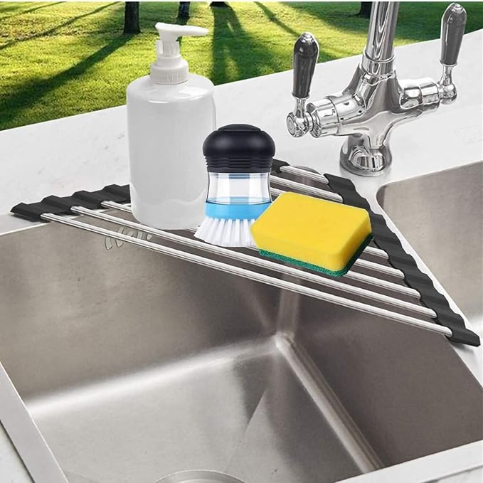 Triangle Dish Drying Rack for Sink Corner Roll Up Dish Drying Rack Folding Stainless Steel Multipurpose Over The Sink Corner Dish Drainer Mat for Kitchen (Black)