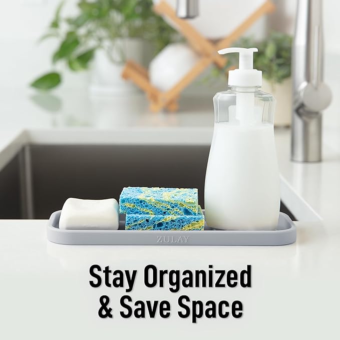 Zulay Kitchen (9x3.5in Sponge Holder for Kitchen Sink - Flexible Heavy-duty Multipurpose Sink Caddy - Counter Organizer for Kitchen, Bathroom, Makeup, Trinkets & More! (Grey)