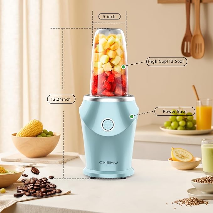 Portable Blender Mint Blue,Personal Blender with 13.5oz ABS Cup, 4-Blade Stainless Steel, One-Button Operation for Smoothies, Shakes, Juices - Home, Office, Gym, Travel