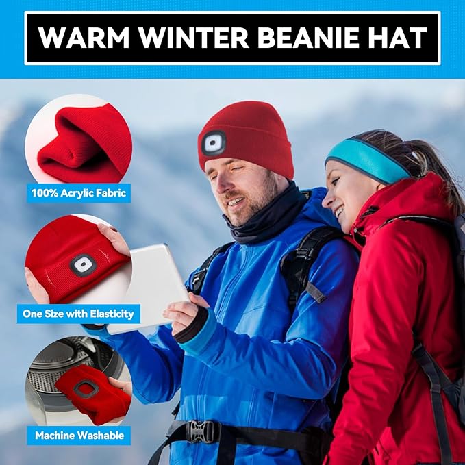 Beanie Hats with Light, USB Rechargeable LED Hand Free Headlamp, Ideal for Camping, Hiking, Fathers Day Dad Gifts, Birthday Gifts for Husband, Dad, Men, 1 Pack, Red