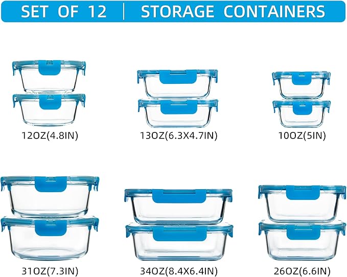 FAWLES 12 Pack Glass Meal Prep Containers with Airtight Lids, Leak-Proof Food Storage Containers, Dishwasher/Microwave/Oven/Freezer Safe Glass Containers for Lunch, Leftovers, to Go (Blue)