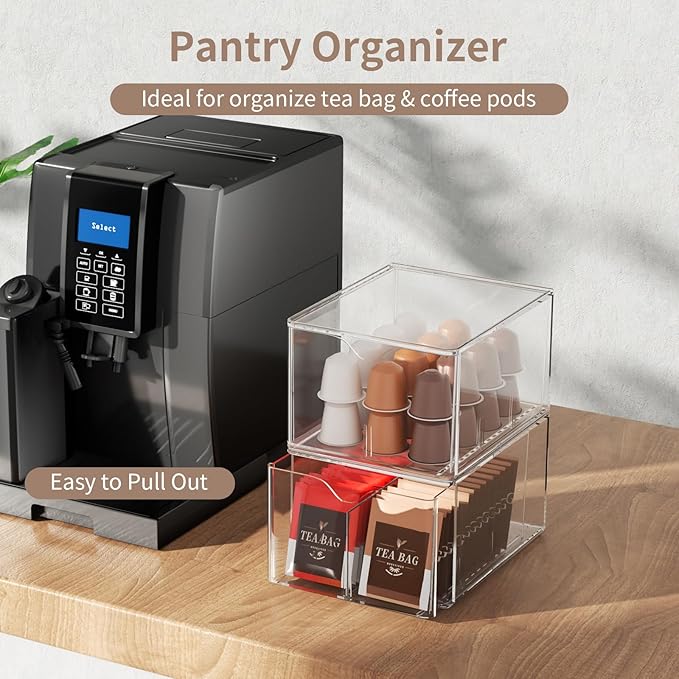 2 PCS Clear Stackable Storage Drawers with Adjustable Dividers, 6 Compartments Plastic Tea Bag Organizers, Acrylic Food Storage Bins for Pantry, Kitchen Cabinet, Fridge, Sugar & Spice Packets, Snacks
