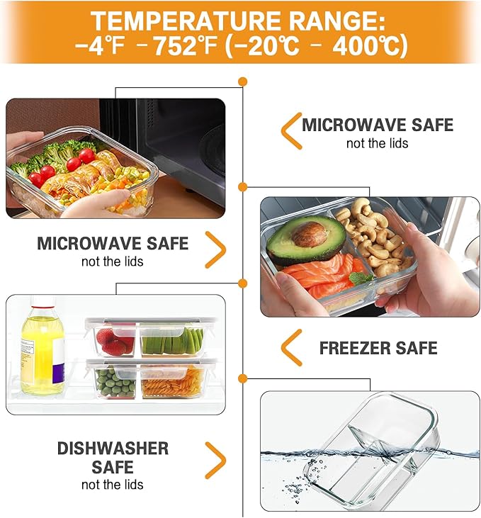 Bayco 9 Pack Glass Meal Prep Containers - 3, 2 & 1 Compartment Glass Food Storage Containers with Lids, Airtight & Leak Proof Lunch Bento Boxes - Grey