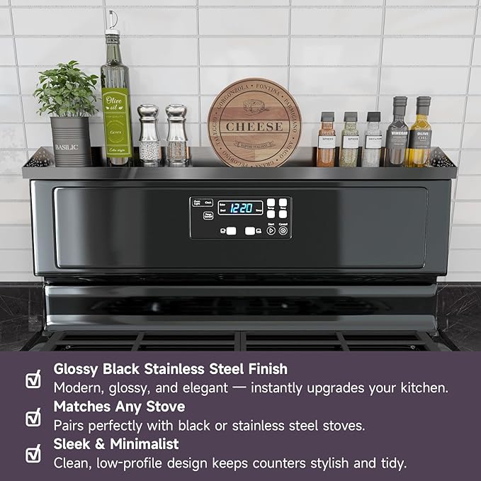 STUTOV 30" Magnetic Stove Top Shelf – Black Stainless Steel Spice Rack and Seasoning Organizer – Kitchen Shelf for Back of Stove – Over Stove Rack and Storage Organizer
