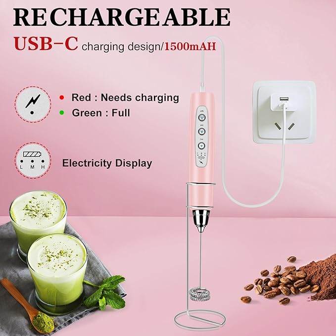 BSRGMS Milk Frother Handheld with Stand, Electric Whisk 3 Speed Adjustable, Drink Mixer with Stainless 3 Whisks, Rechargeable Hand Frother Wand, Foam Maker for Latte Cappuccino Hot Chocolate Egg Pink