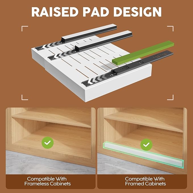 Seinloes 6Pack Expandable Pull Out Cabinet Organizer 21"Deep With Raising Pad for Framed Cabinets,Slide Out Drawers with 4pcs Divider Racks,Roll Out Shelves Adhesive,Adjustable Width 12.05"-20.4"White