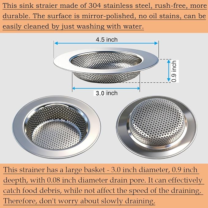 Seatery 2PCS Kitchen Sink Strainers, Sink Drain Filter, Sink Basket Strainer, 4.5 Inch Stainless Steel Sink Drain Strainer, Food Scraps Catcher for Kitchen