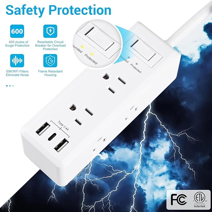 Clear Power 6-Outlet Surge Protector Power Strip with 3 USB Ports(1 USB-C), 5ft Power Cord, Flat Plug, Multi Outlets on 3 Sides, Desktop Charging Station, White, DC3S-1106-DC