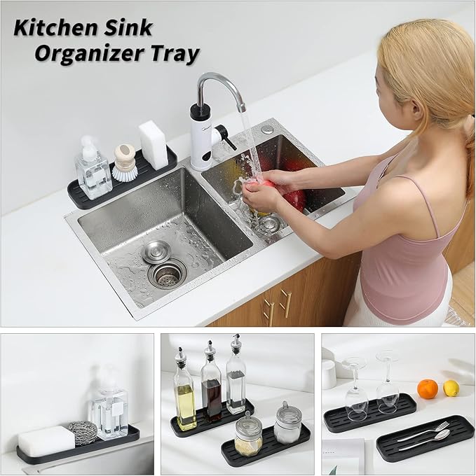 MicoYang Silicone Kitchen Sink Organizer Tray for Multiple Usage,Eco-Friendly Sponges Holder for Kitchen Bathroom Counter or Sink,Dish Soap Dispenser,Scrubber,Bottle,Cup (Black, 12"×4")