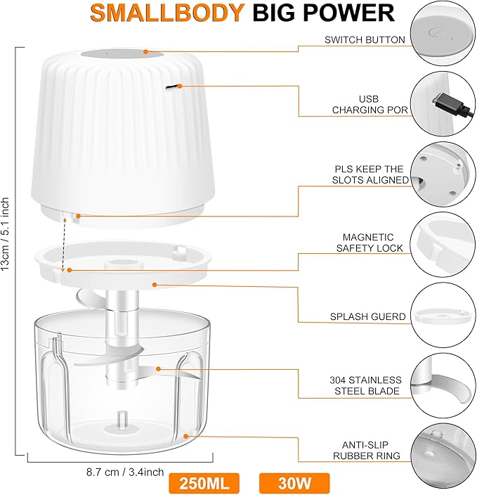 250ML Electric Garlic Chopper, 3 Blades Garlic Mincer, Mini USB Portable Vegetable Chopper, Onion Grinder, Small Food Processor for Ginger, Chili, Fruit, Meat