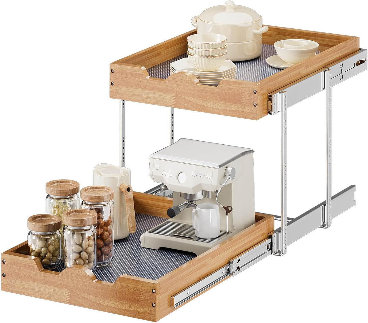 2 Tier Pull Out Cabinet Organizer (17"W x 21"D), Double Tier Slide out Wood Drawer Shelf, Pull Out Shelves for Base Cabinet Organization in Kitchen, Pantry, Bathroom