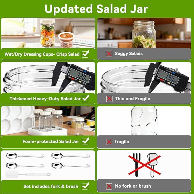 9PCS Salad Meal Prep Containers, 32oz Large Glass Salad Jars with Lids Meal Prep with 4 Forks, Leakproof Salad Container for Lunch with Separate Wet/Dry Dressing Cups for Home, Office and Outdoor