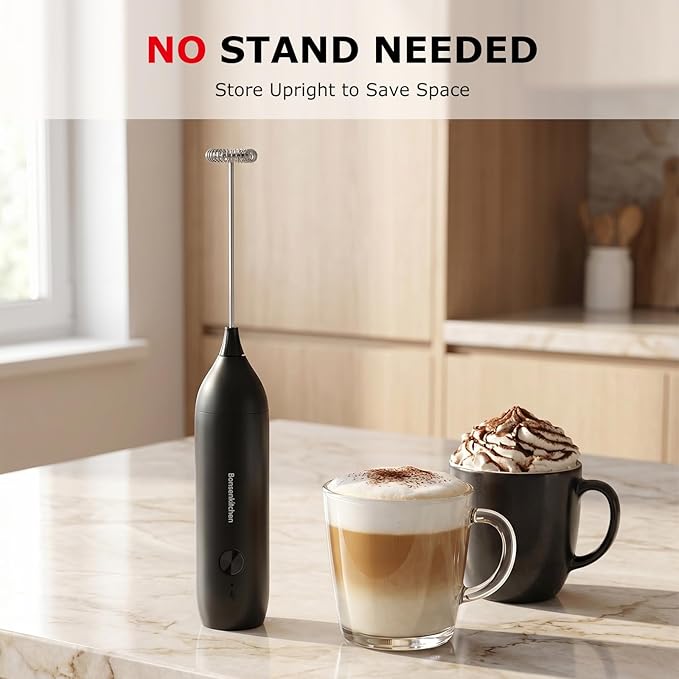 Bonsenkitchen Rechargeable Milk Frother Handheld, Electric Drink Mixer with Stainless Steel Whisk, Charging USB-C, Portable Foam Maker for Coffee Matcha Lattes Cappuccino, Kitchen Gifts