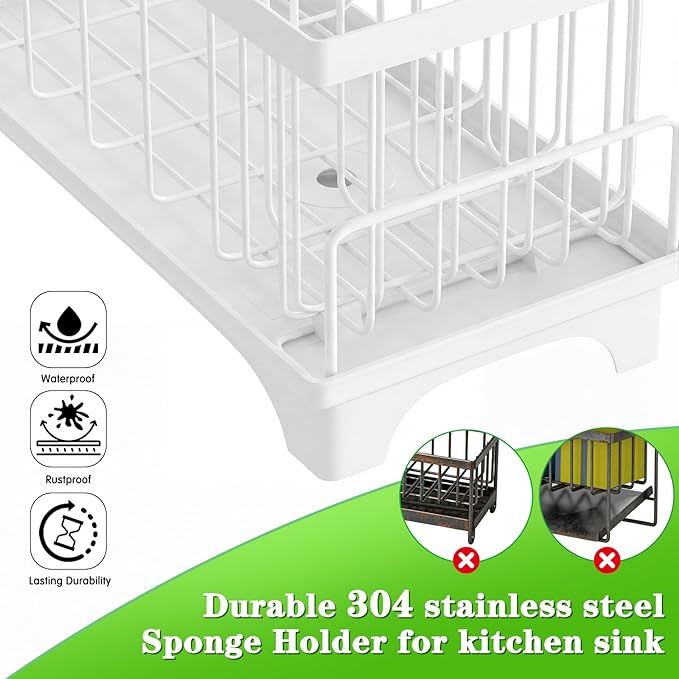 VOOWO Sponge Holder for Kitchen Sink, Compact Sink Caddy with Detachable Brush Holder and Towel Rack, Stainless Steel Kitchen Sink Organizer for Dish Sponge, Soap Dispenser Storage Accessories (White)