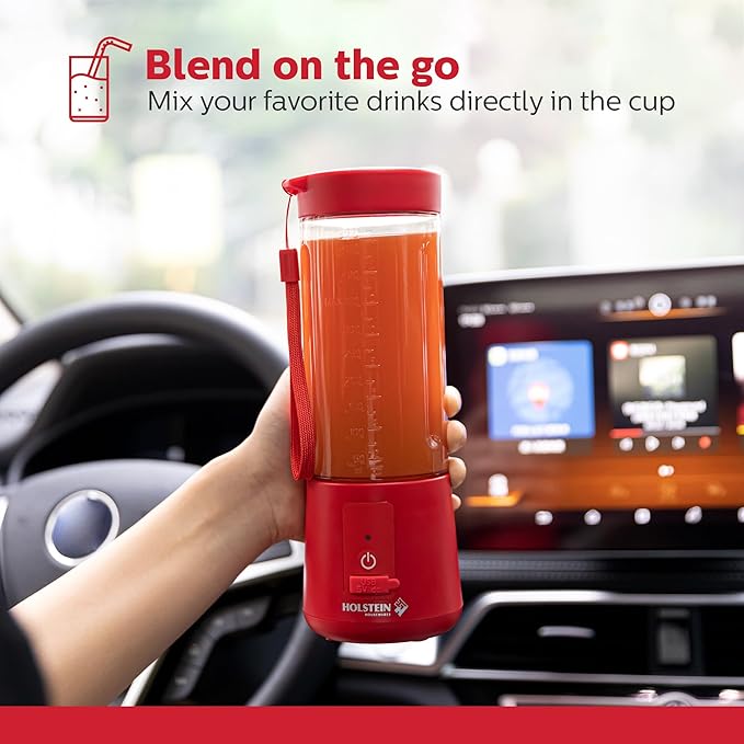 Holstein Housewares - USB Portable Blender, 16oz Personal Smoothie & Shake Maker with Rechargeable Battery, Type-C Fast Charging, Spill-Free Lid & Indicator Light - Red