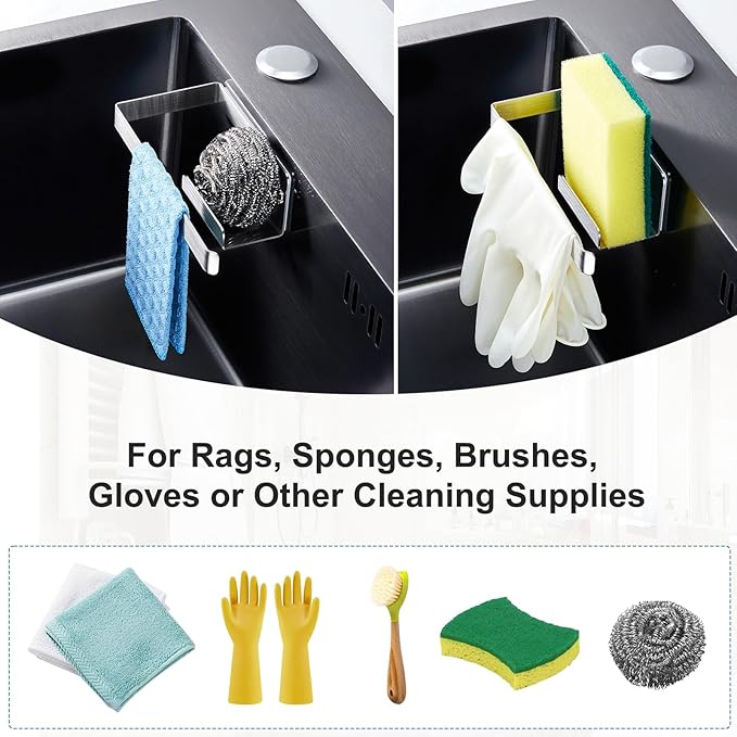 Sponge Holder for Kitchen Sink, Adhesive Dishcloth Holder, Dish Sponge Kitchen Sink Caddy 2 In 1, Metal Dishcloth Racks Sink for Dishcloths, Sponges, Brushes and Glove (Sliver)