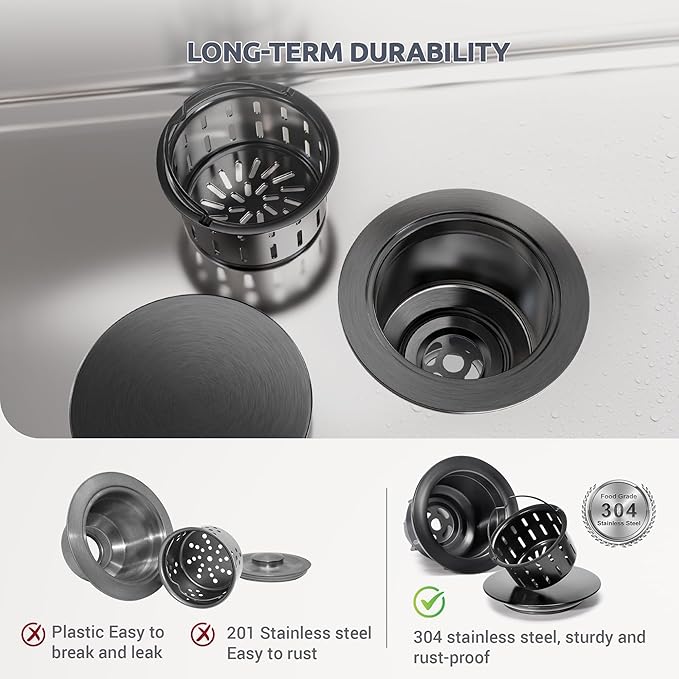 BOTEMY Kitchen Sink Drain Assembly with Removable Deep Basket Strainer, Anti-Clog Sink Drain Kit, Stainless Steel & ABS, Easy Clean Lift-Out Strainer, Fits Standard 3-1/2 Kitchen Sinks - Black