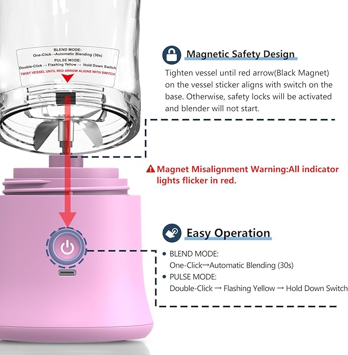 DENOKIN Portable Blender, Shakes and Smoothies Cordless Personal Size Blender 20oz with 6 Blade and a Travel Lid (Purpleish Pink)