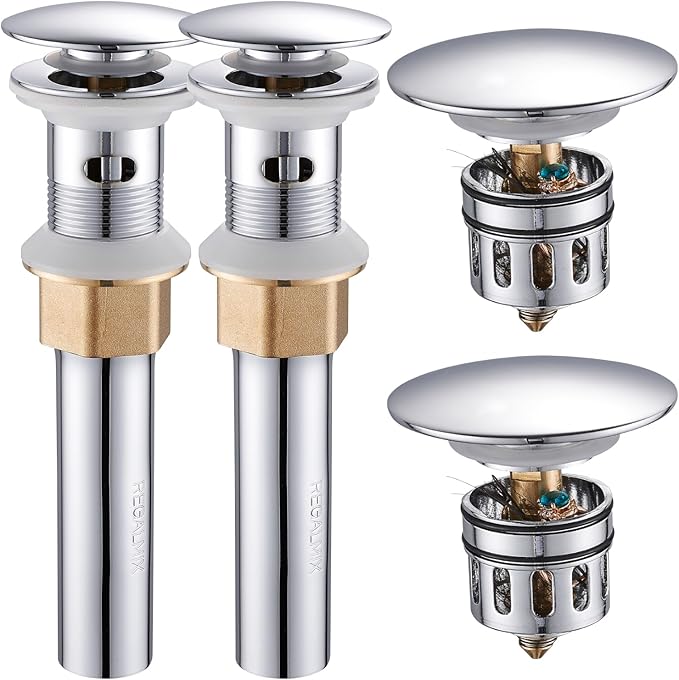 REGALMIX Bathroom Sink Drain with Detachable Hair Catcher Basket, Pop Up Drain Stopper with Overflow Anti-Clogging Vanity Vessel Sink Drain, Polished Chrome 2 Pack All Metal, RM083H-P2
