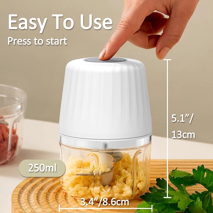 Mini Garlic Chopper, 250ml Small Food Processor Cordless 1 Cup, Battery USB-C Rechargeable Electric Food Chopper Wireless, Portable Garlic Grinder Masher,Veggie Meat Blender Mincer Kitchen Mixer,White