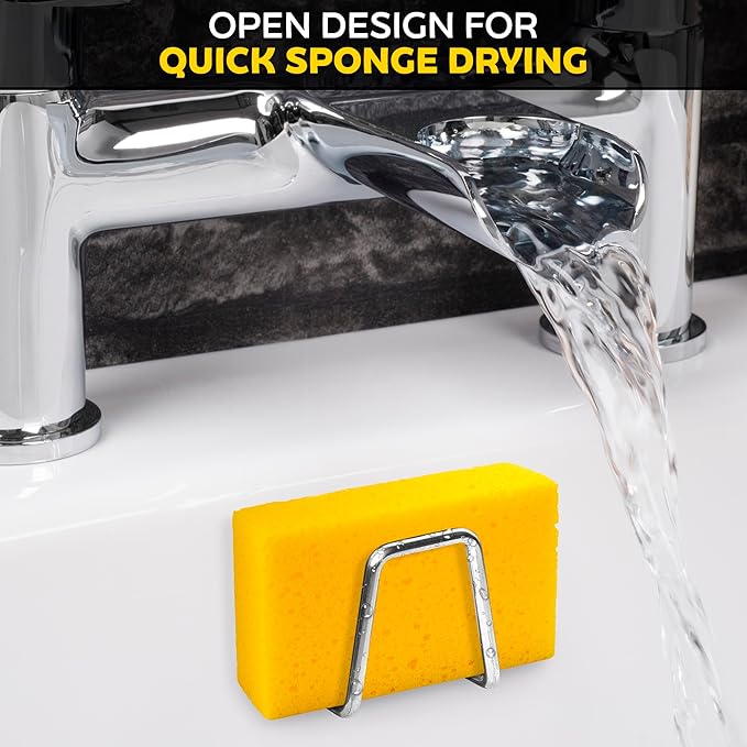 Stainless Steel Sponge Holder for Kitchen Sink, Saves Counter Space – Compact Quick-Dry Kitchen Sink Sponge Holder – Easy Adhesive Install, Rust-Resistant | Fits Metal, Glass, Ceramic, Wood & Tile
