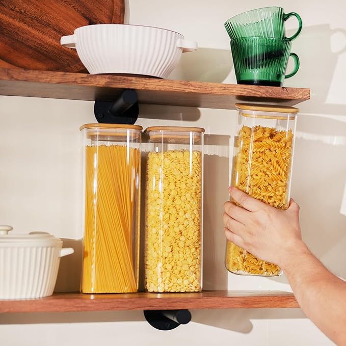 D2scrma 71oz Glass Square Storage Containers with Bamboo Lids Set of 3 (2100ml) Tall Food Storage Canisters Kitchen Jars for Pantry Organization Pasta, Penne, Macaroni, Lasagna, Fusilli