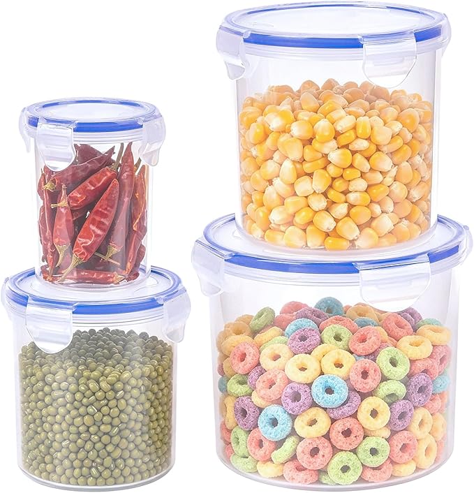 KIGI Food Storage Containers, Cylinder Airtight Canister with 4-Sided Locking Lid, Assorted Sizes Clear Sealed Jar for Dry Food & Spices, BPA Free Plastic, 8 Piece Set, 1.35Cup /2.9Cup /5.2Cup /8.3Cup