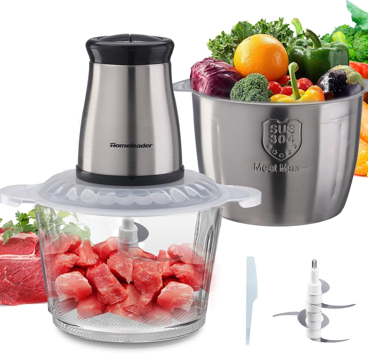 Electric Food Chopper, Food Processor, 2 Bowls and 4 Sharp Blades, 300W