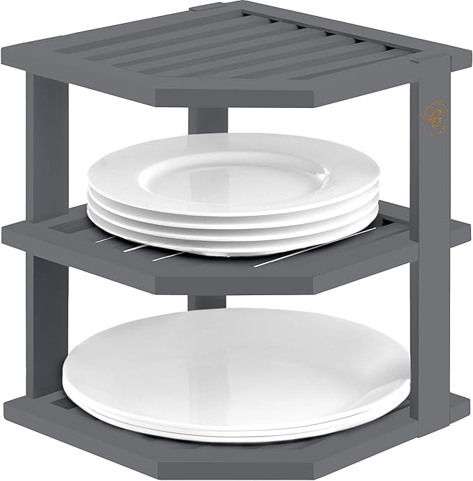 Bambüsi Plate Organizer for Cabinet - Grey Corner Cabinet Organizer and Kitchen Cabinet Organizer Shelf, Kitchen Countertop Organizer for Plates, Dishes and Bowls, Space Saving Corner Rack, (Gray)