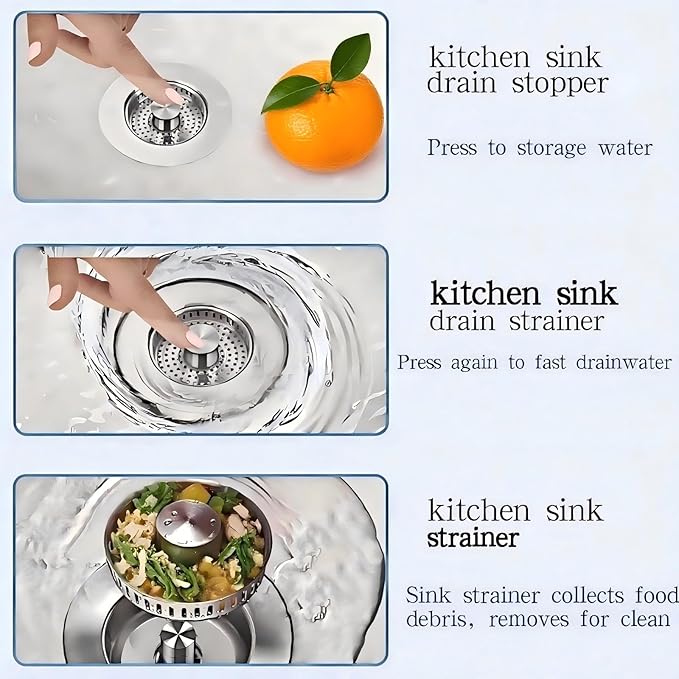 3-in-1 Kitchen Sink Drain Strainer Stopper, 304 Stainless Steel Pop Up Drain Plug, Anti-Clog Odor Prevention Sink Basket, Tool-Free Easy Install, Fits US Standard 3-1/2" Drain Hole, 2 Pack