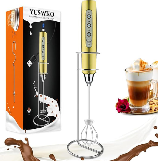 YUSWKO Champagne Gold Handheld Milk Frother Wand with Stand for Coffee, Rechargeable Electric Whisk with 3 Heads 3 Speeds Drink Mixer Coffee Frother For Latte, Cappuccino, Hot Chocolate, Egg