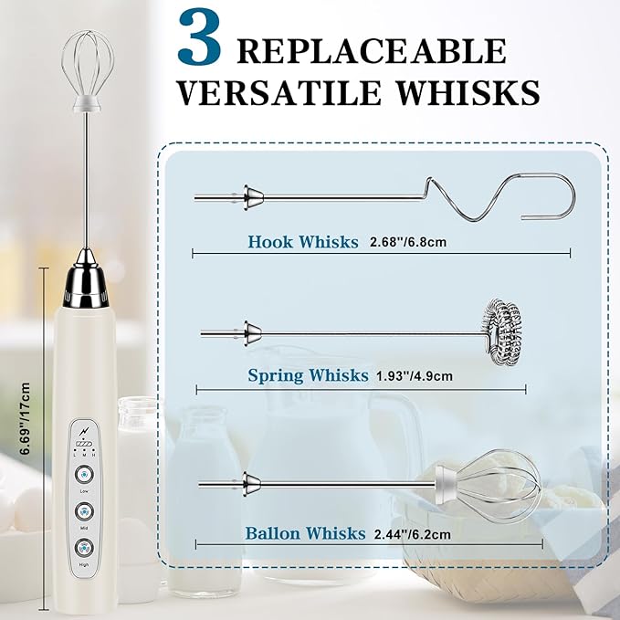 BSRGMS Milk Frother Handheld for Coffee, Electric Whisk 3 Speed Adjustable, Drink Mixer with Stainless 3 Whisks, Rechargeable Hand Frother Wand, for Latte Cappuccino Hot Chocolate Egg Beige