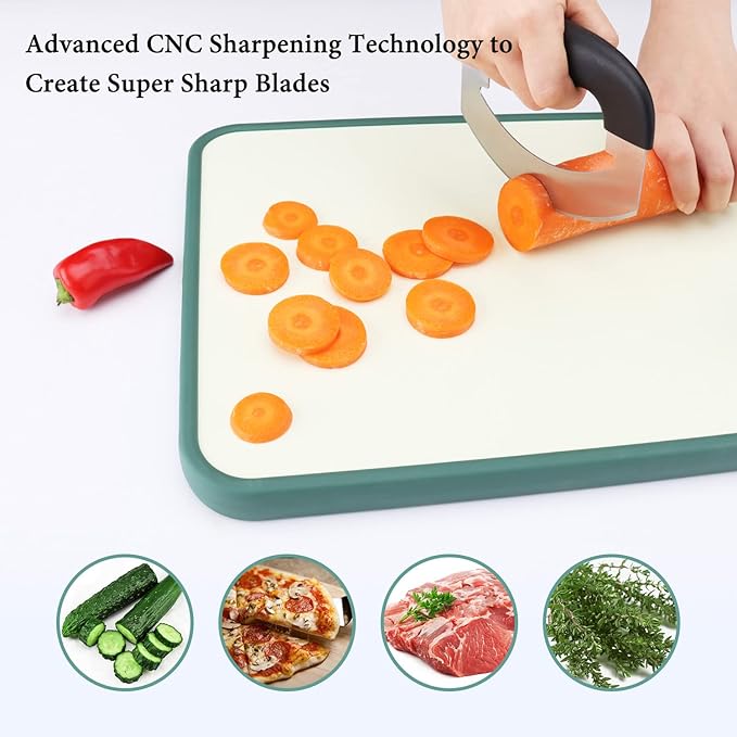 KITCHENDAO Super Sharp Pizza Cutter Mezzaluna Salad Chopper, Advanced CNC Sharpening Technology for Fast Chopping, Rocker Slicer Mincing Knife with Protective Cover, Chop Herbs Vegetables