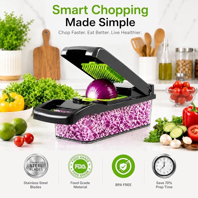 16-in-1 Vegetable Chopper with Container, 8-Blade Food Chopper, Onion Chopper, Veggie Cutter & Mandoline Slicer, BPA-Free Kitchen Gadget