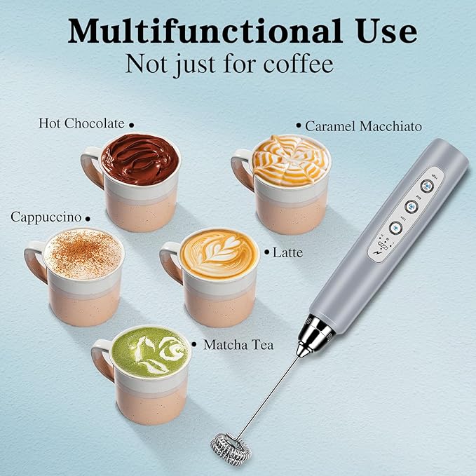 BSRGMS Milk Frother Handheld for Coffee, Electric Whisk 3 Speed Adjustable, Drink Mixer with Stainless 3 Whisks, Rechargeable Hand Frother Wand, for Latte Cappuccino Hot Chocolate Egg Cement Gray