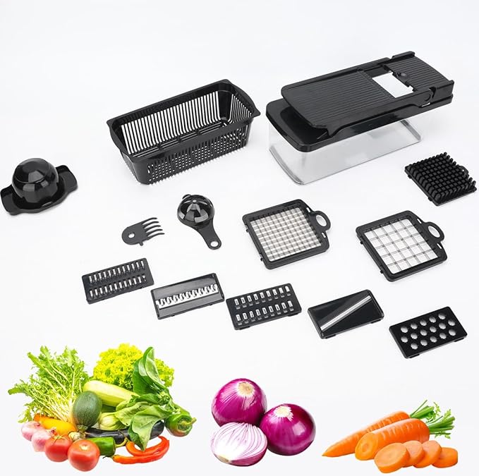 Vegetable Chopper 14 in 1 with Stainless Steel Blades – Multifunctional Onion Chopper, Mandoline Slicer, Food Dicer, Kitchen Cutter Set and must have Kitchen appliances and tools