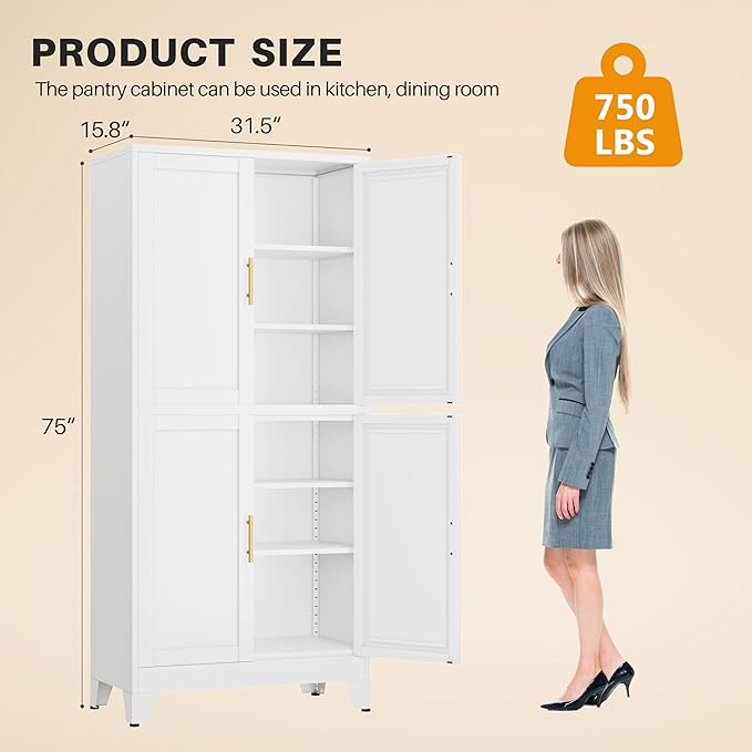 winiowa 75" Tall Kitchen Pantry Cabinet, Metal Storage Cabinet with Doors and Adjustable Shelves, White Freestanding Pantry Cabinet for Kitchen, Dining Room, Living Room, Laundry Room, Bathroom