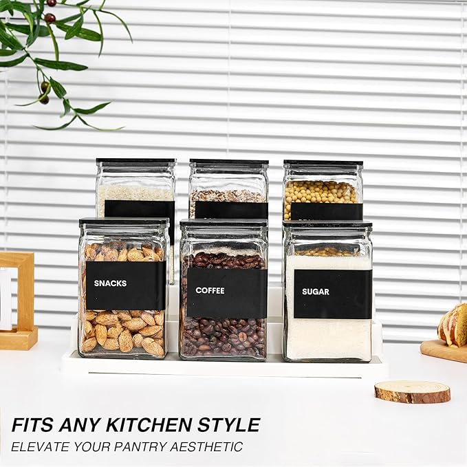 Glass Storage Jars with Bamboo Lids, 27oz Square Food Storage Containers for Kitchen Pantry Organization